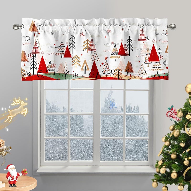 SUNWISHA Christmas Tree Curtain Valance 54"x18" Short Small Window Curtains for Living Room Xmas Holiday Window Treatment Rod Pocket Valances for Kitchen Bedroom Decor White - Image 3